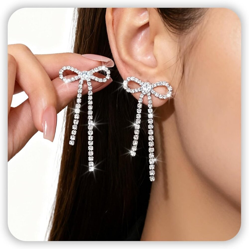 Gold Silver Earrings for Women, Bow Dangle Long Earring Rhinestone Ribbon Chain